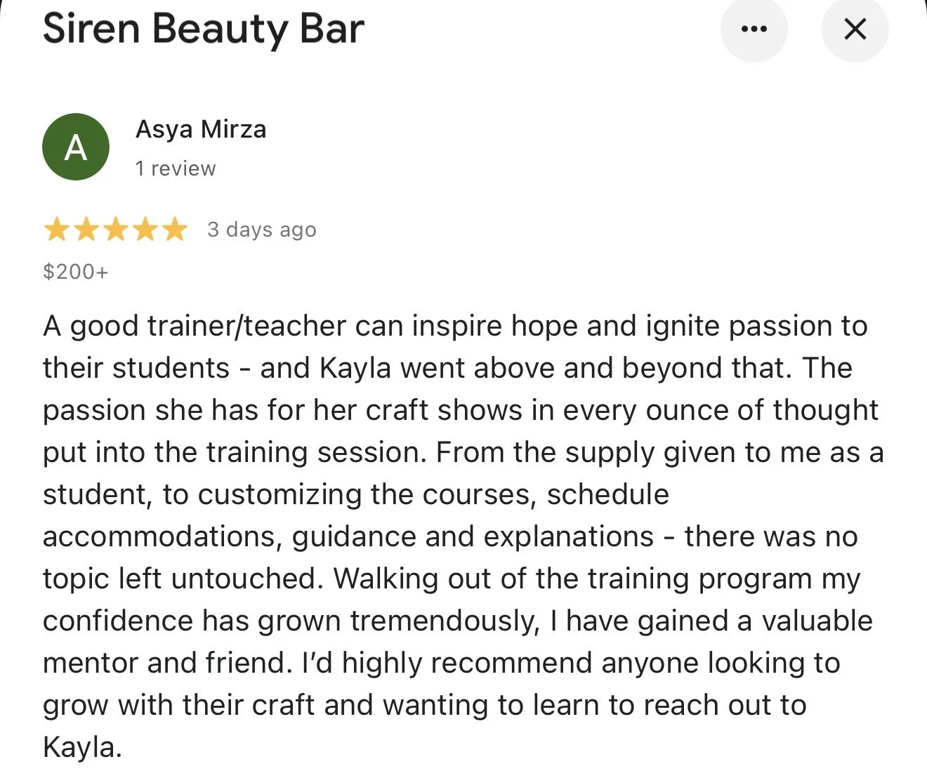 Screenshot of a product review for Siren Beauty Bar with a five-star rating, written by Asya Mirza praising trainer Kayla for her inspiring training sessions.