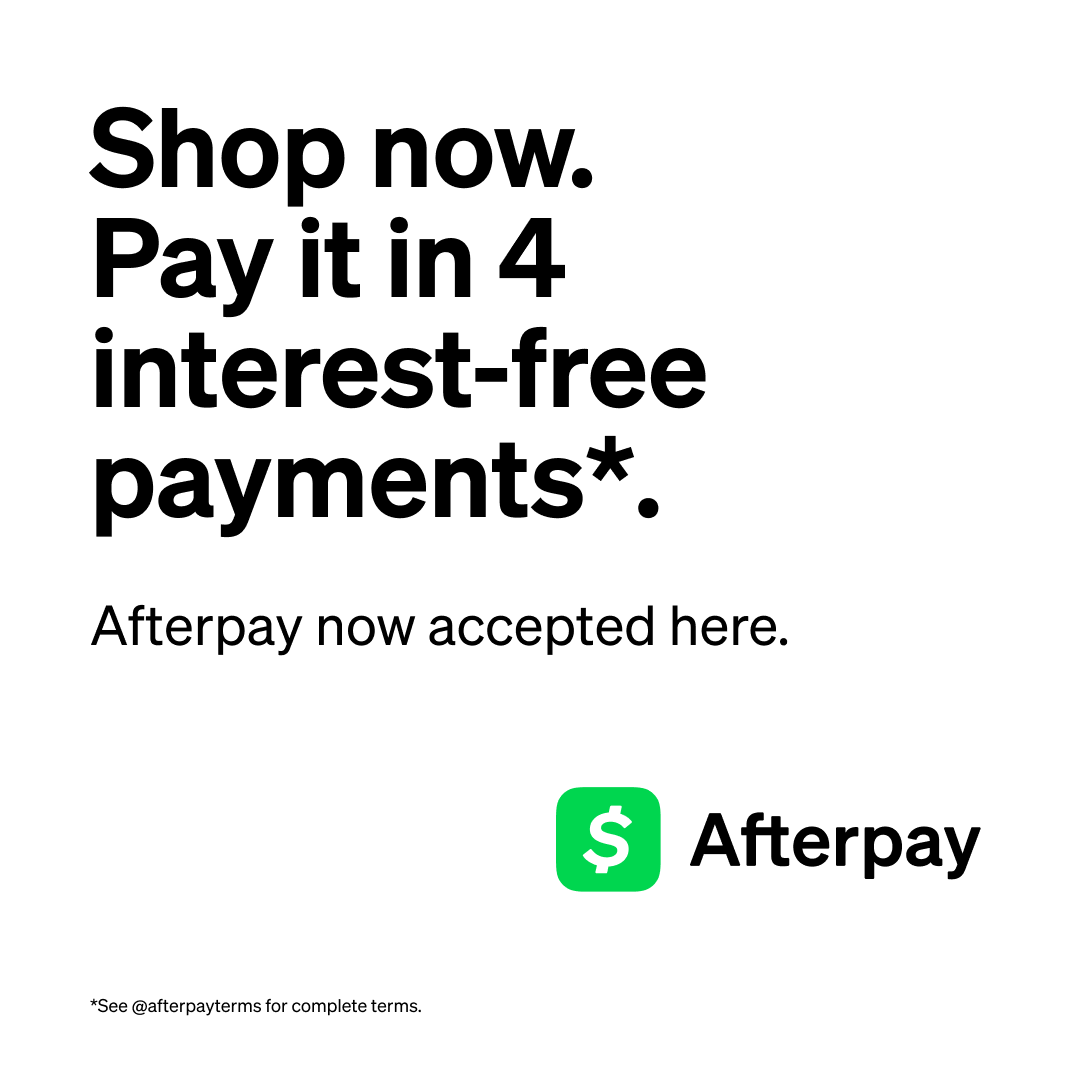 Advertisement promoting Afterpay, with large bold text saying 'Shop now. Pay it in 4 interest-free payments*', and smaller text explaining 'Afterpay now accepted here.' The Afterpay logo with a green dollar sign icon appears at the bottom.
