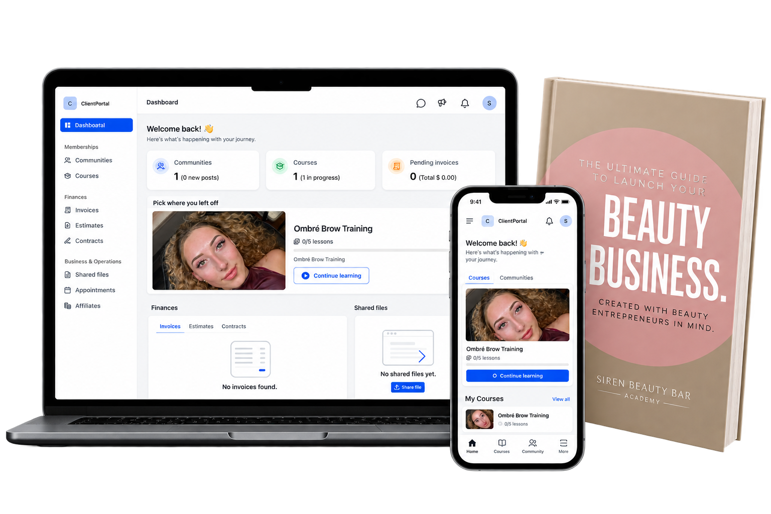 A laptop and a smartphone display a beauty business training platform with a profile picture of a woman, alongside a pink and beige beauty business book titled "The Ultimate Guide to Launch Your Beauty Business."