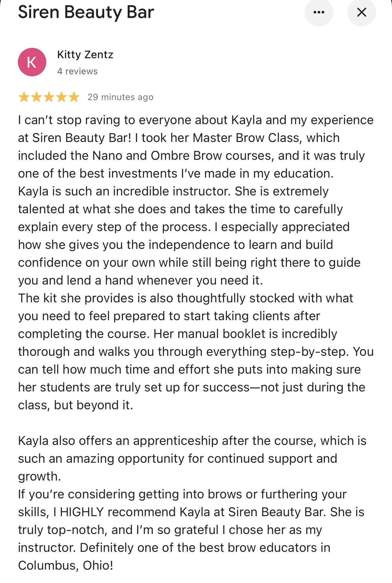Screenshot of a five-star review for Siren Beauty Bar on a customer review platform. The review praises Kayla, an instructor, for her eyebrow courses and ongoing support after the course.