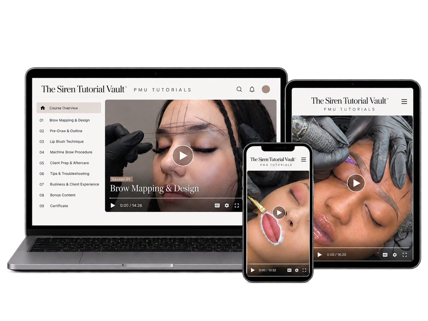 Multiple devices displaying a beauty training website called The Siren Tutorial Vault, with images of microblading procedures, including a woman having her eyebrows and lips worked on.