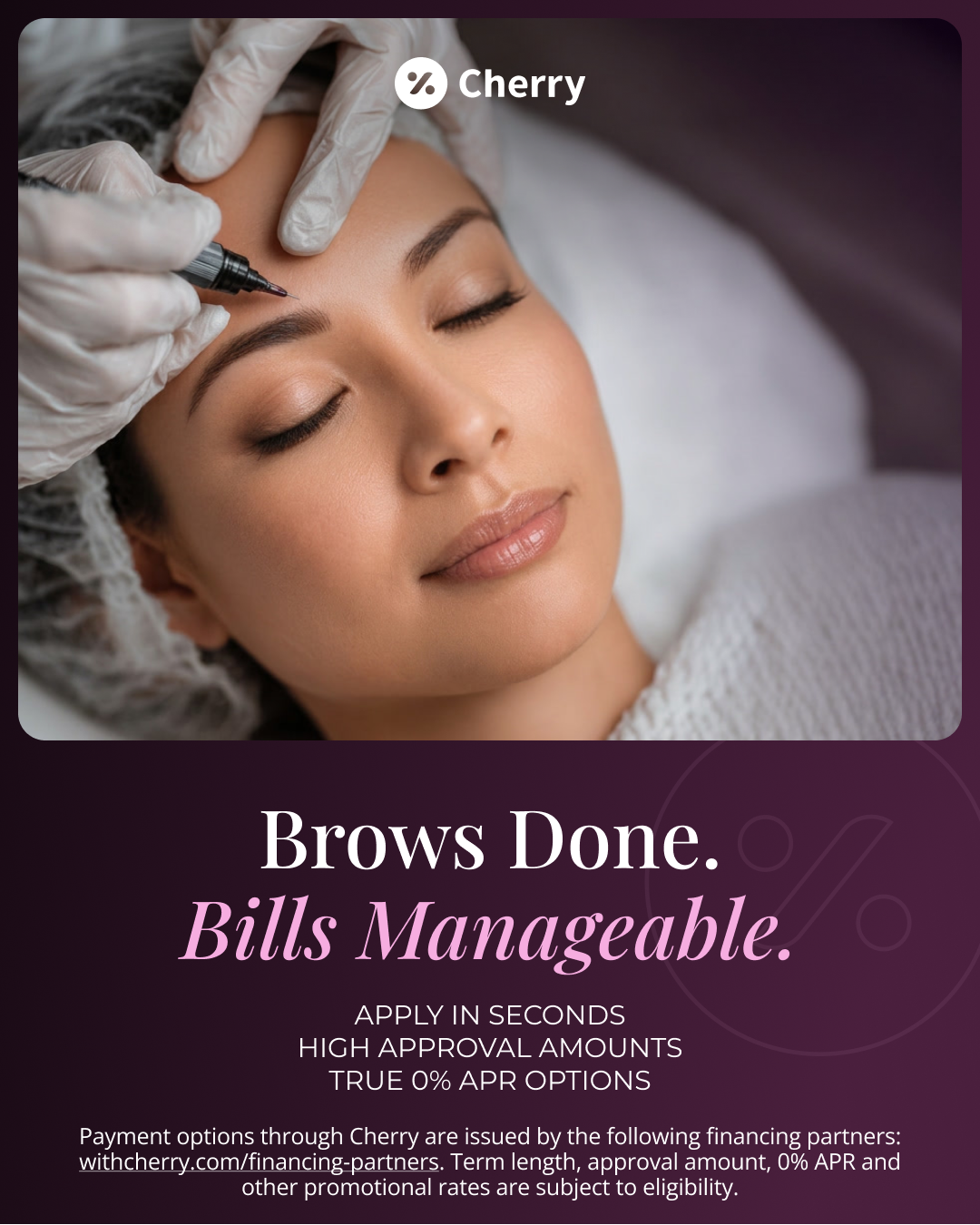A woman with closed eyes receives an eyebrow tattoo or microblading procedure in a beauty clinic, with a professional wearing gloves performing the procedure.