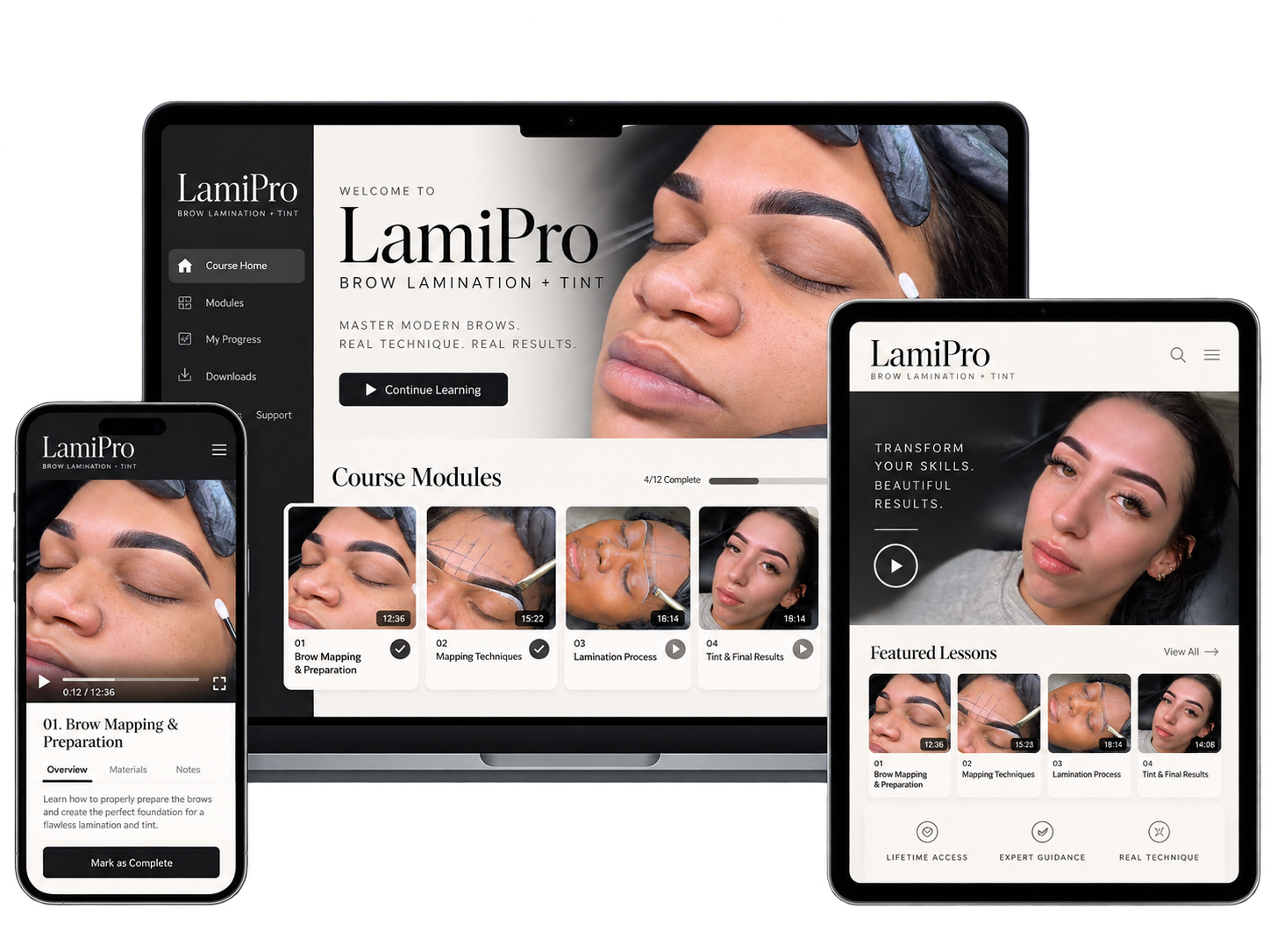 Screenshots of the LamiPro online brow lamination and tint course on various devices, showing course modules, lessons, and a woman with well-groomed eyebrows.