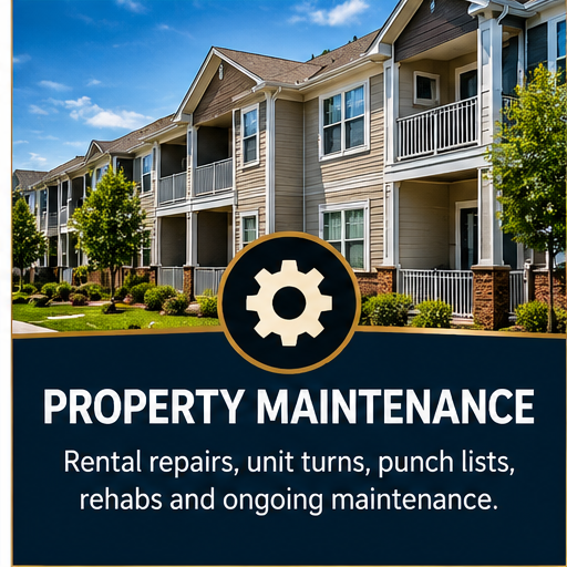 Sign for property maintenance services in front of a row of residential apartment buildings with green lawns and trees.