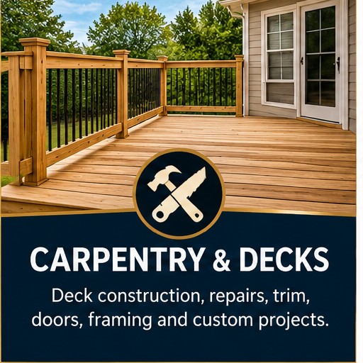 Construction of a wooden deck attached to a house, featuring safety railings, with a lush green backyard visible in the background.