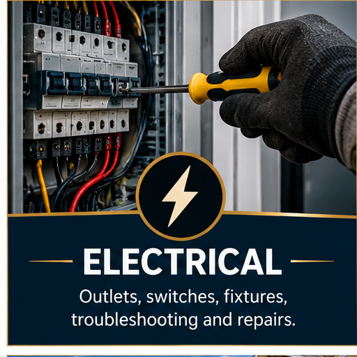 A person using a screwdriver to work on electrical panel with circuit breakers and wiring, under a sign reading 'Electrical Outlets, switches, fixtures, troubleshooting and repairs.'