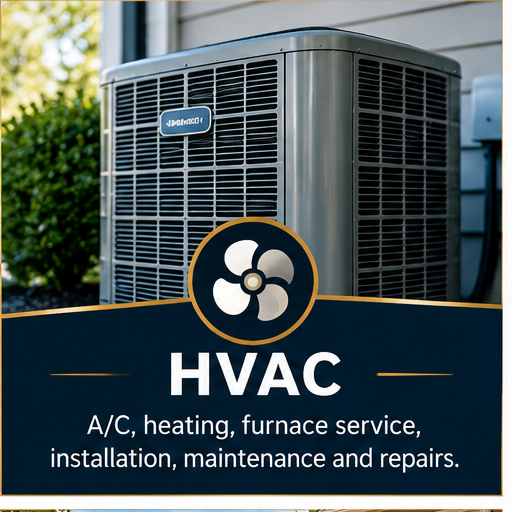 Outdoor HVAC unit with logo, advertisement text for HVAC services including A/C, heating, furnace service, installation, maintenance, and repairs.