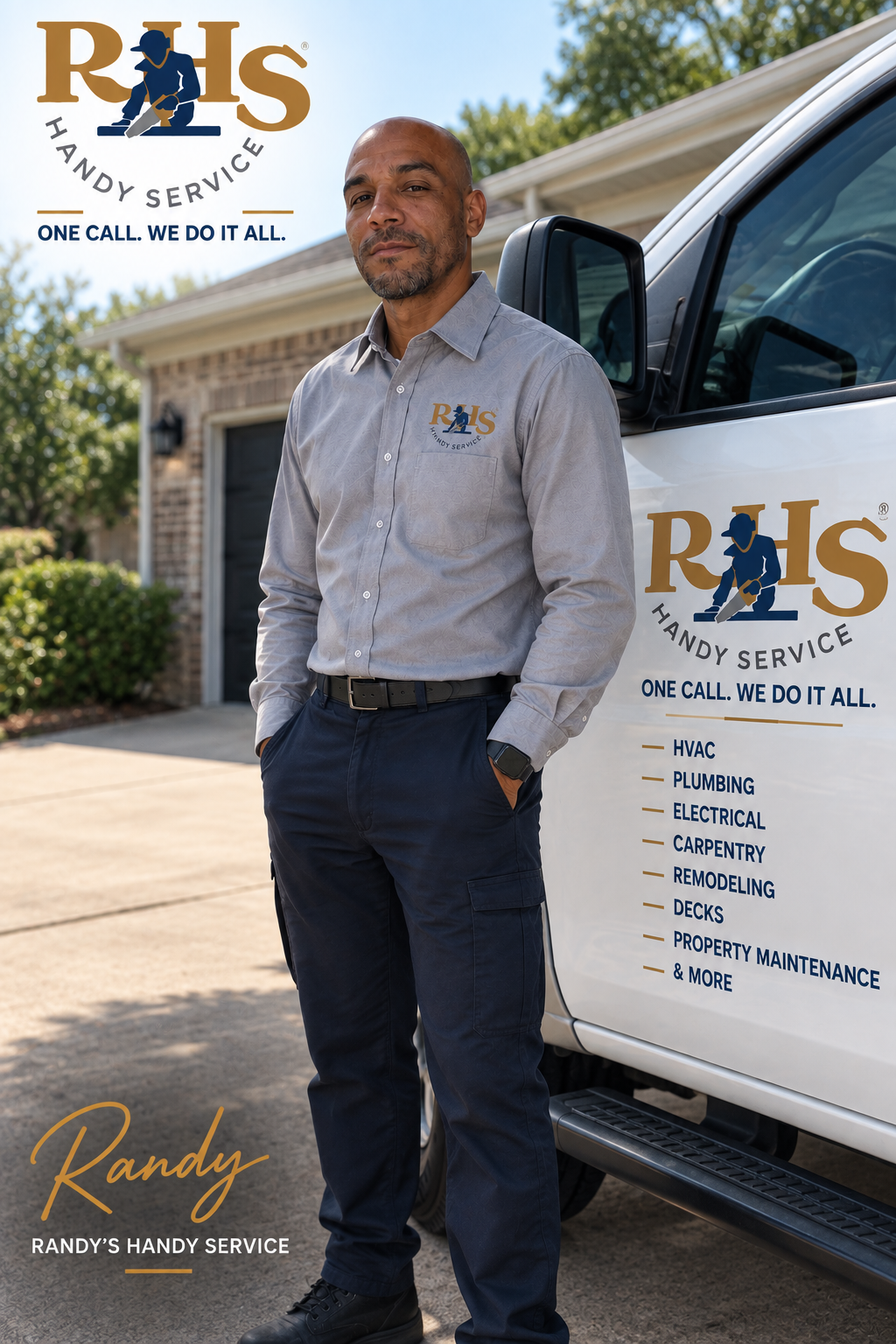 A man standing outdoors next to a pickup truck with logo and services listed, wearing a gray shirt with the nearby company's logo, representing Randy's Handy Service.