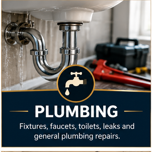 A plumbing service sign showing a sink drain and a faucet icon, with text about plumbing repairs, fixtures, faucets, toilets, leaks, and general plumbing.