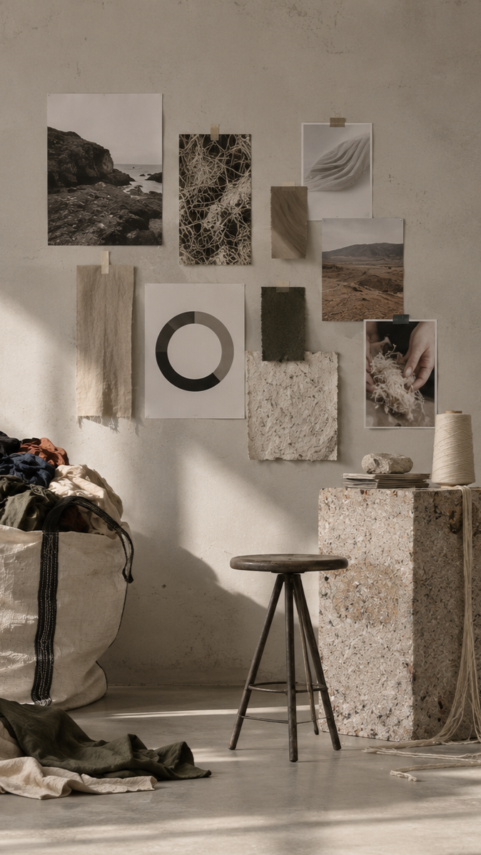 Circular design studio with recovered textiles, natural materials and research imagery