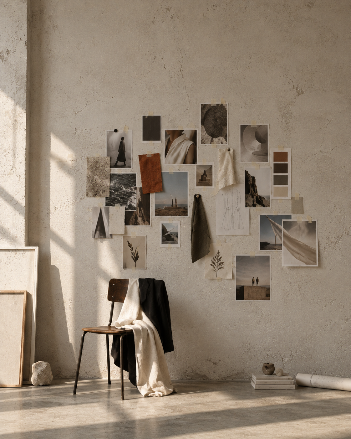 Creative design and trend research moodboard with fashion imagery, materials and colour references