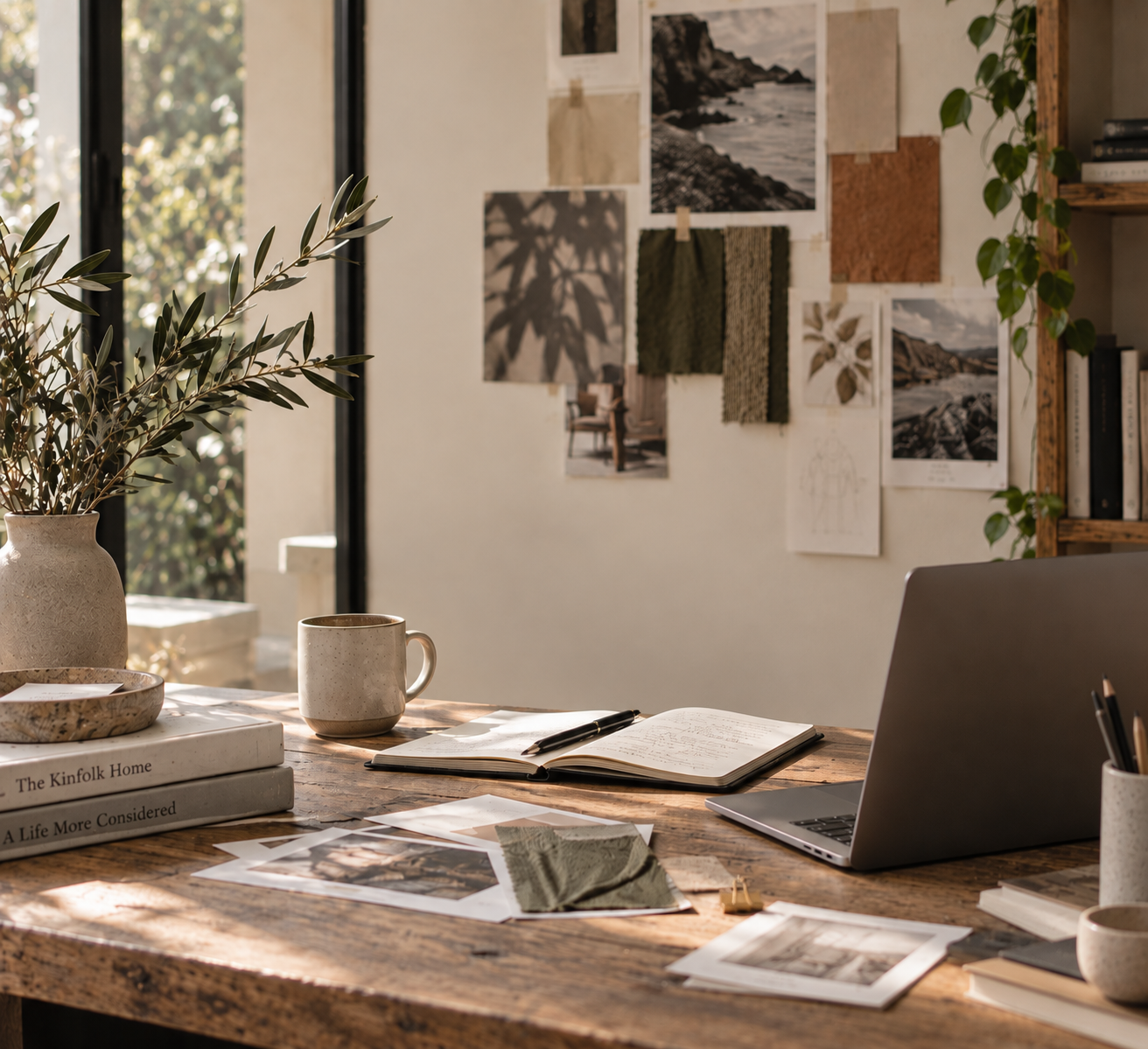 Creative studio desk with notebook, laptop, material samples and an inspiration wall