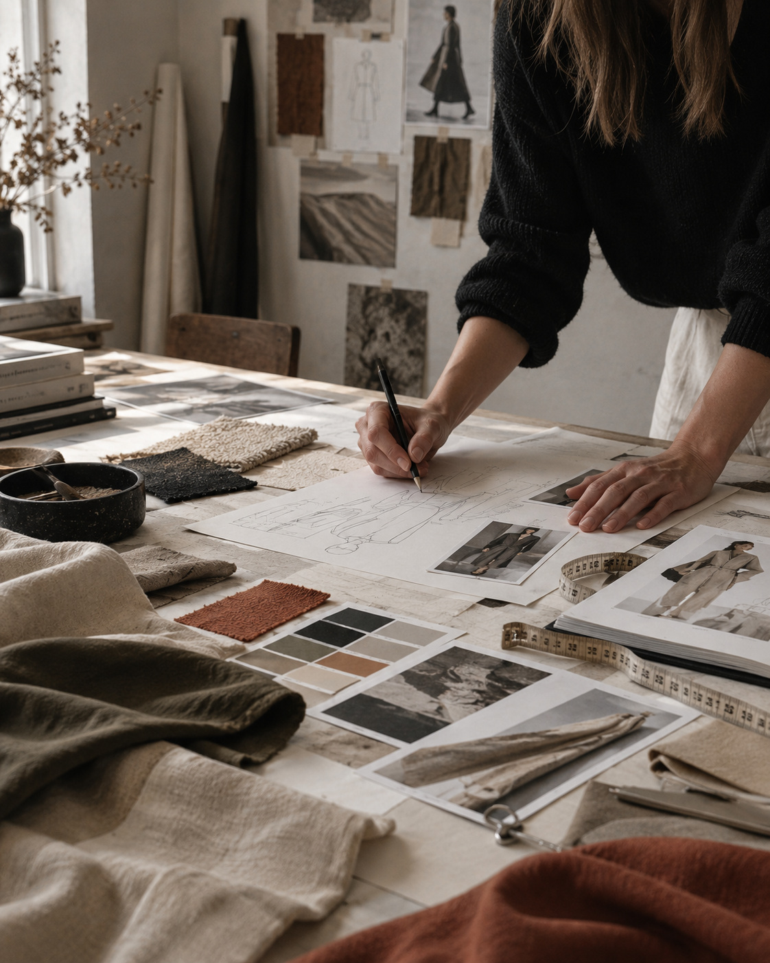 Designer developing product concepts with fabrics, colour palettes and sketches