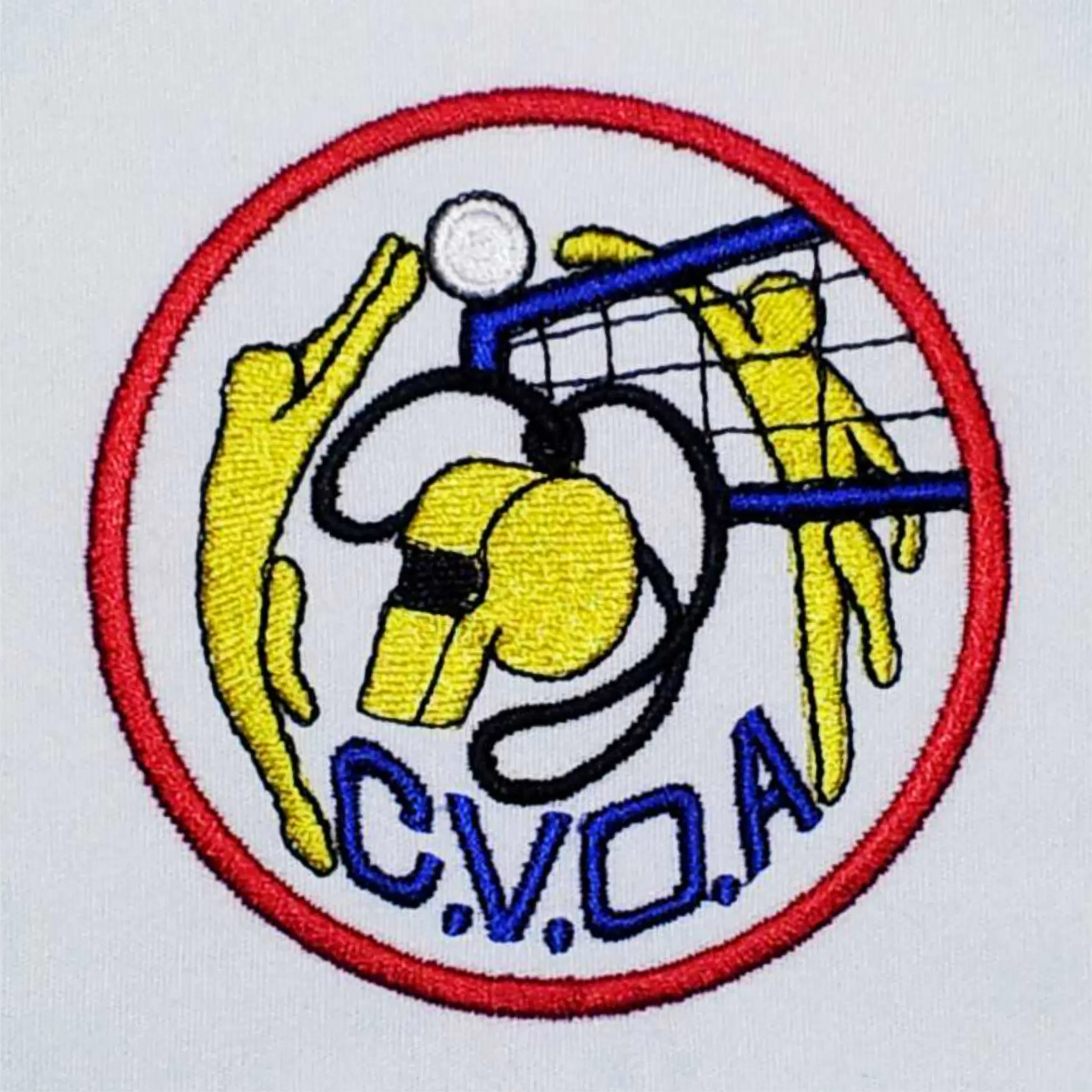 Custom hand digitized organization logo embroidery for CVOA polos.