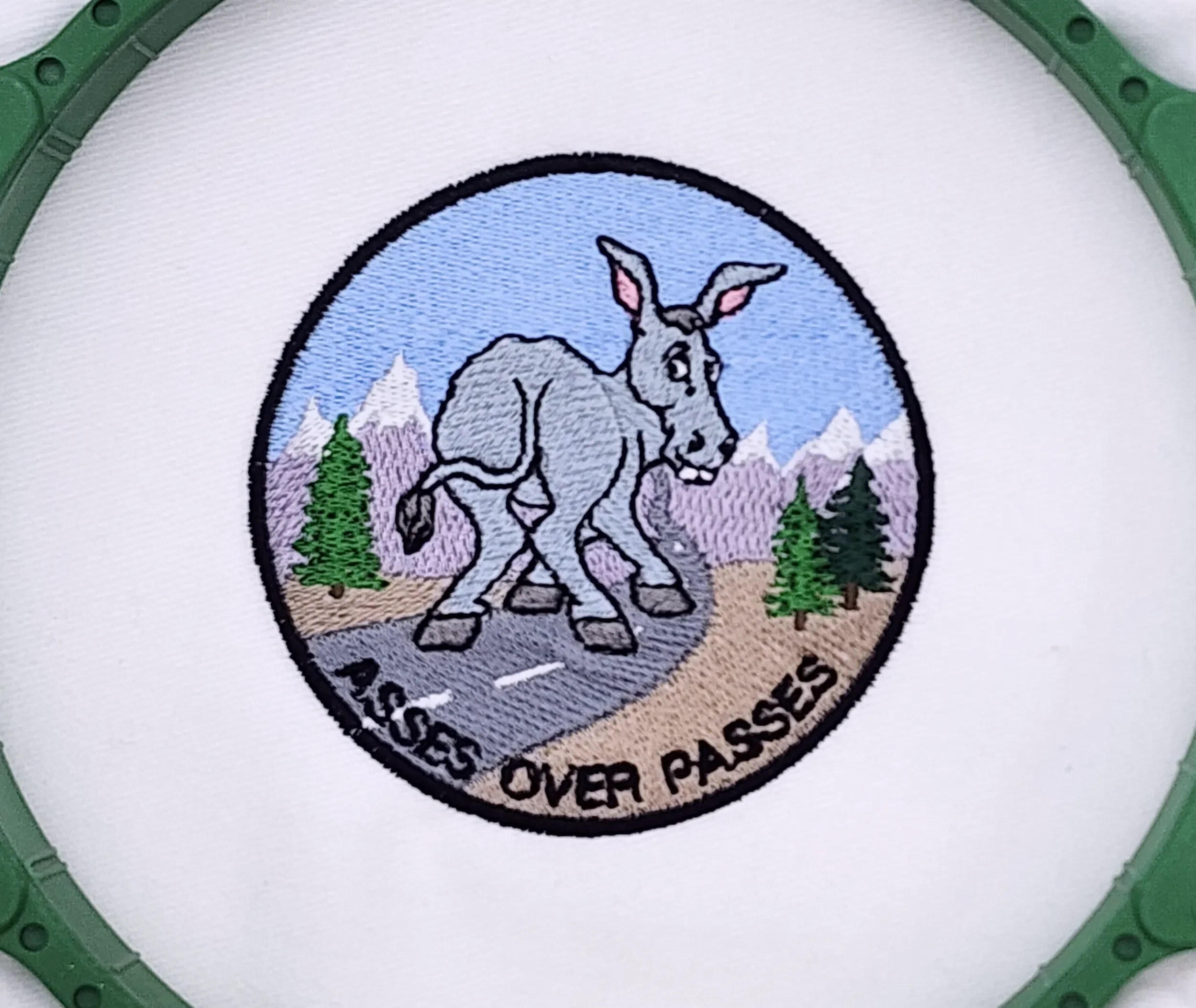 Hand digitized custom embroidery sample for Asses Over Passes patches.
