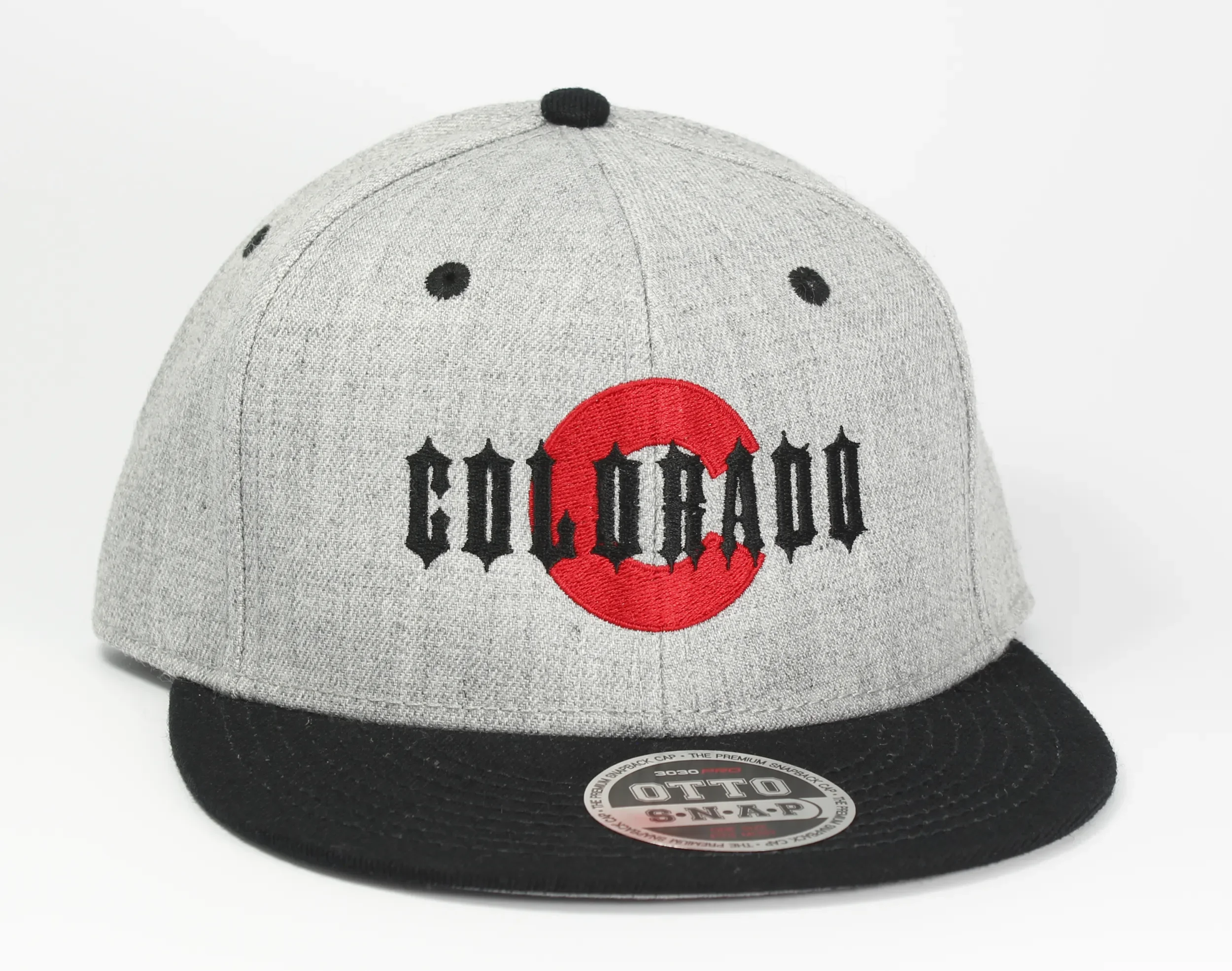 Hand digitized grey baseball cap with red C Colorado logo embroidery.