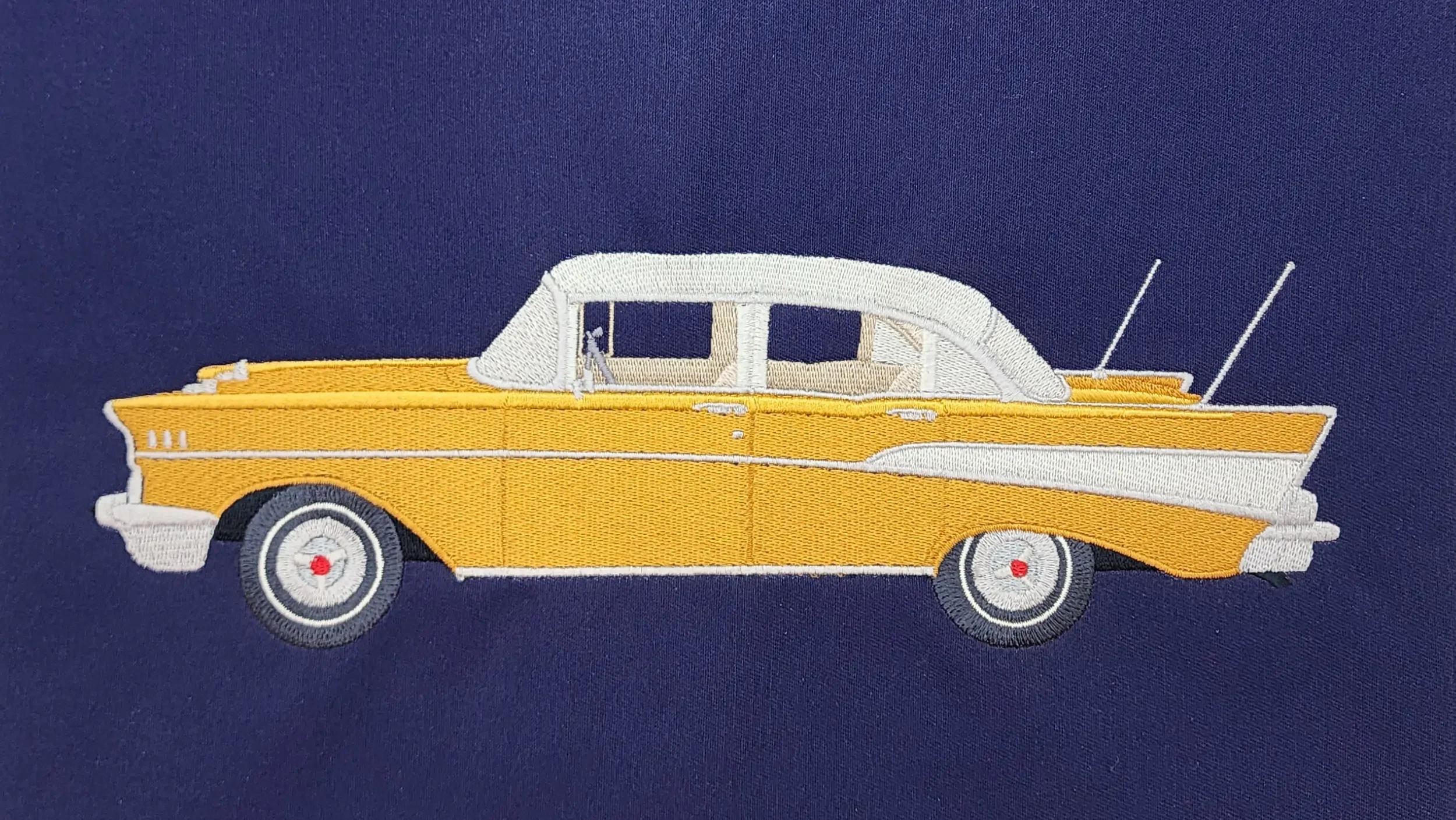 Detailed 1957 Belair classic car custom hand digitized jacket back embroidery.