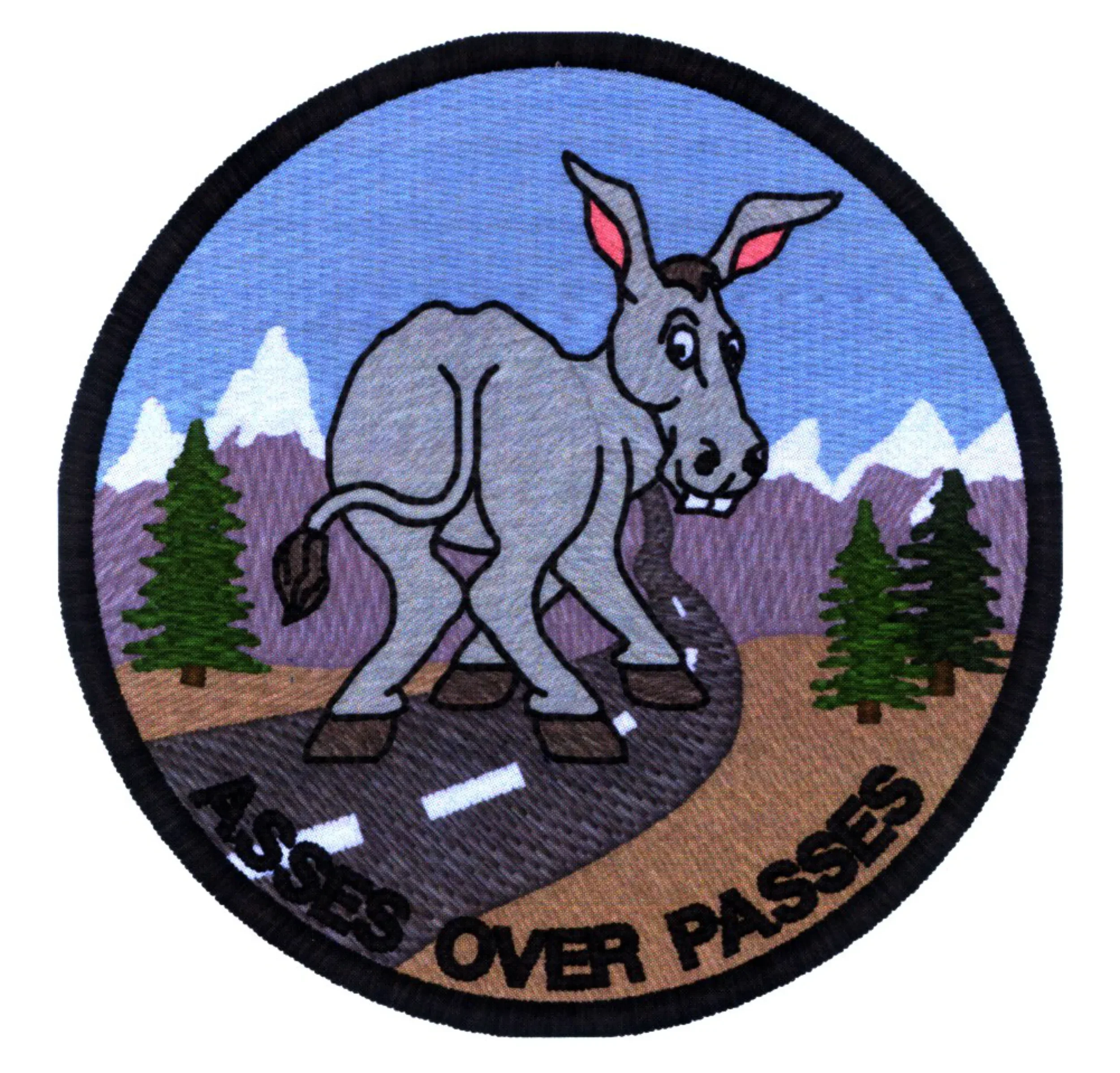 Custom hand digitized embroidered Asses Over Passes final patch.