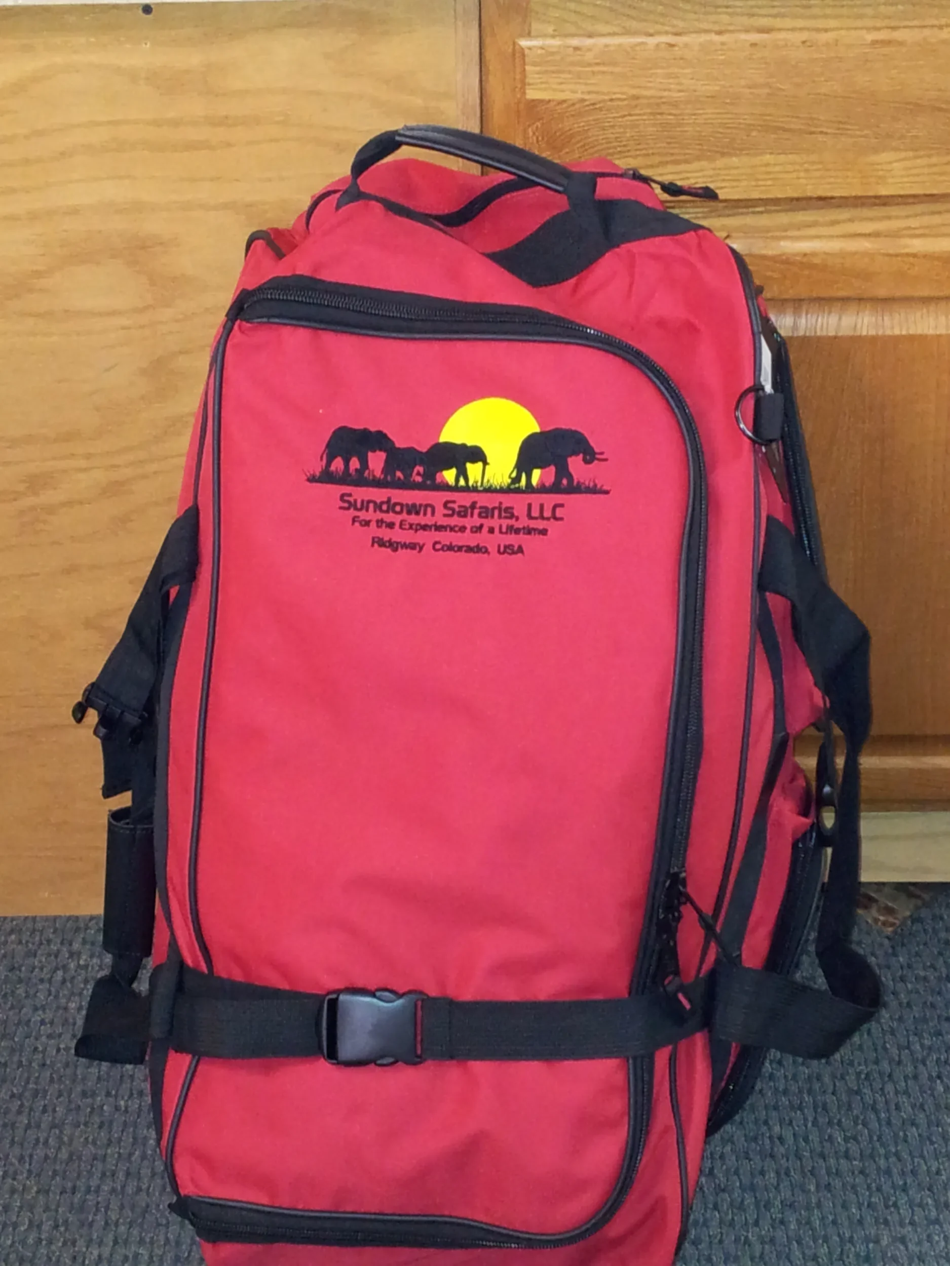 Custom hand digitized safari design embroidered on backpack in Siloam Springs, Arkansas.