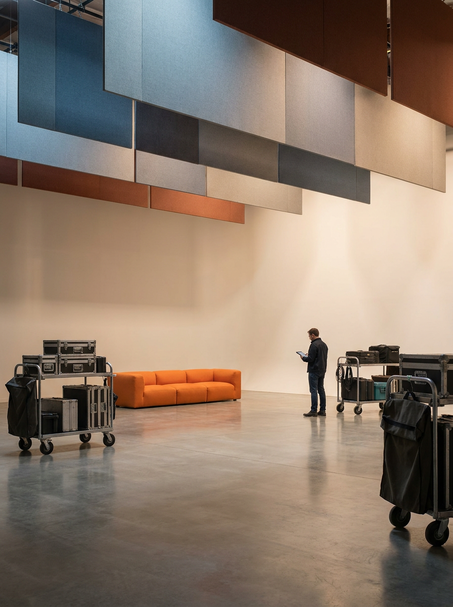 Empty gallery or event space with a man standing and looking at a tablet, surrounded by carts with equipment, orange sofa, and large hanging colorful panels on the wall.