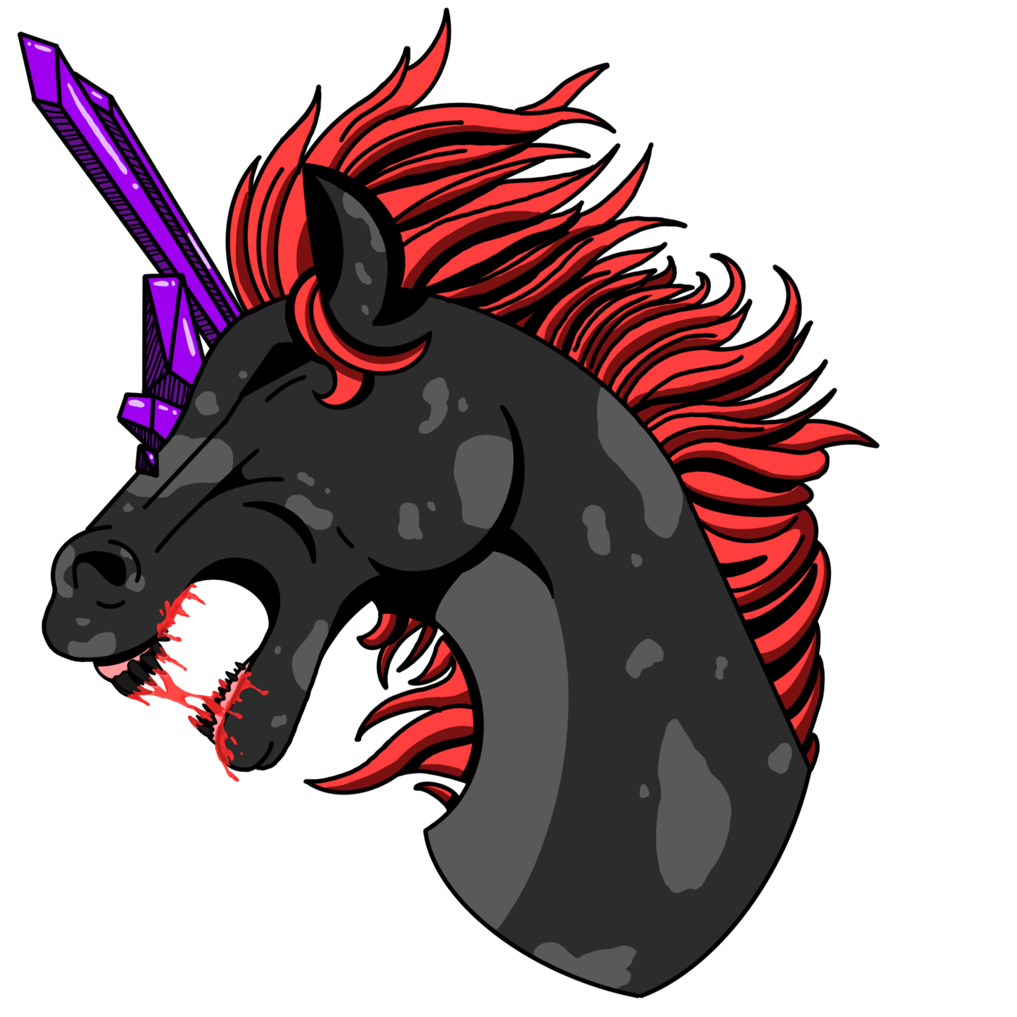 A corrupted unicorn that is black with a purple horn and a red mane.