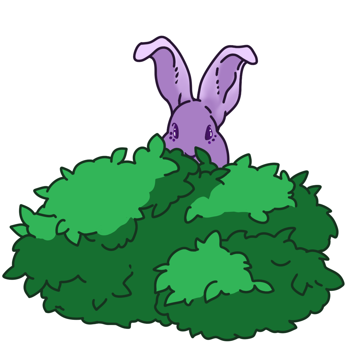 A purple bunny peeking over green bushes.