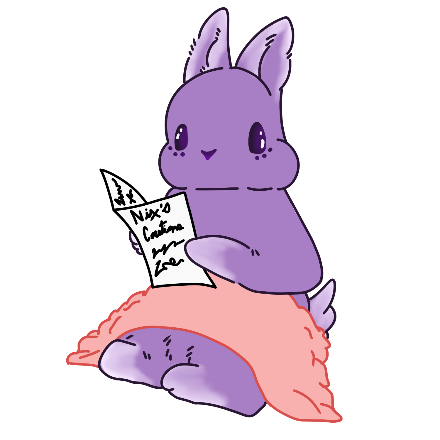 A cute cartoon purple bunny sitting on a pink plush cushion, holding a piece of paper. The bunny has large eyes, blushing cheeks, and upright ears, against a dark background with purple and blue horizontal stripes.