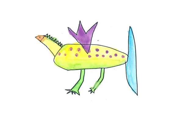 Child's drawing of a colorful, fictional dinosaur with a yellow body, purple crest, green legs, and a blue tail.