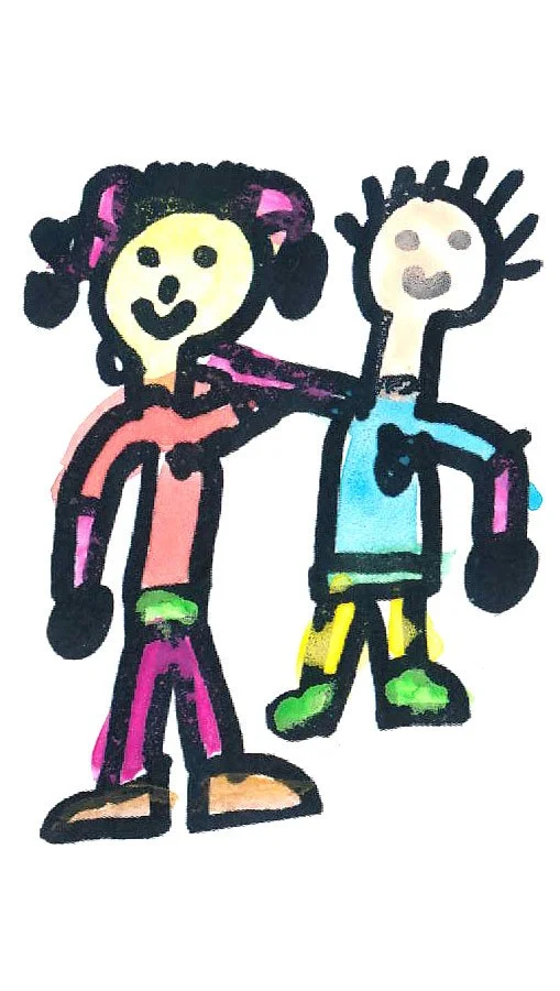 Colorful children's drawing of two smiling kids, one with pigtails and the other with spiky hair, standing together and waving.
