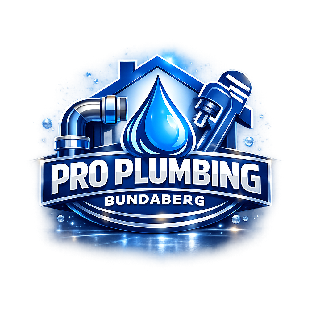 Logo for Pro Plumbing Bundaberg featuring plumbing tools and a water droplet in blue and white colors.