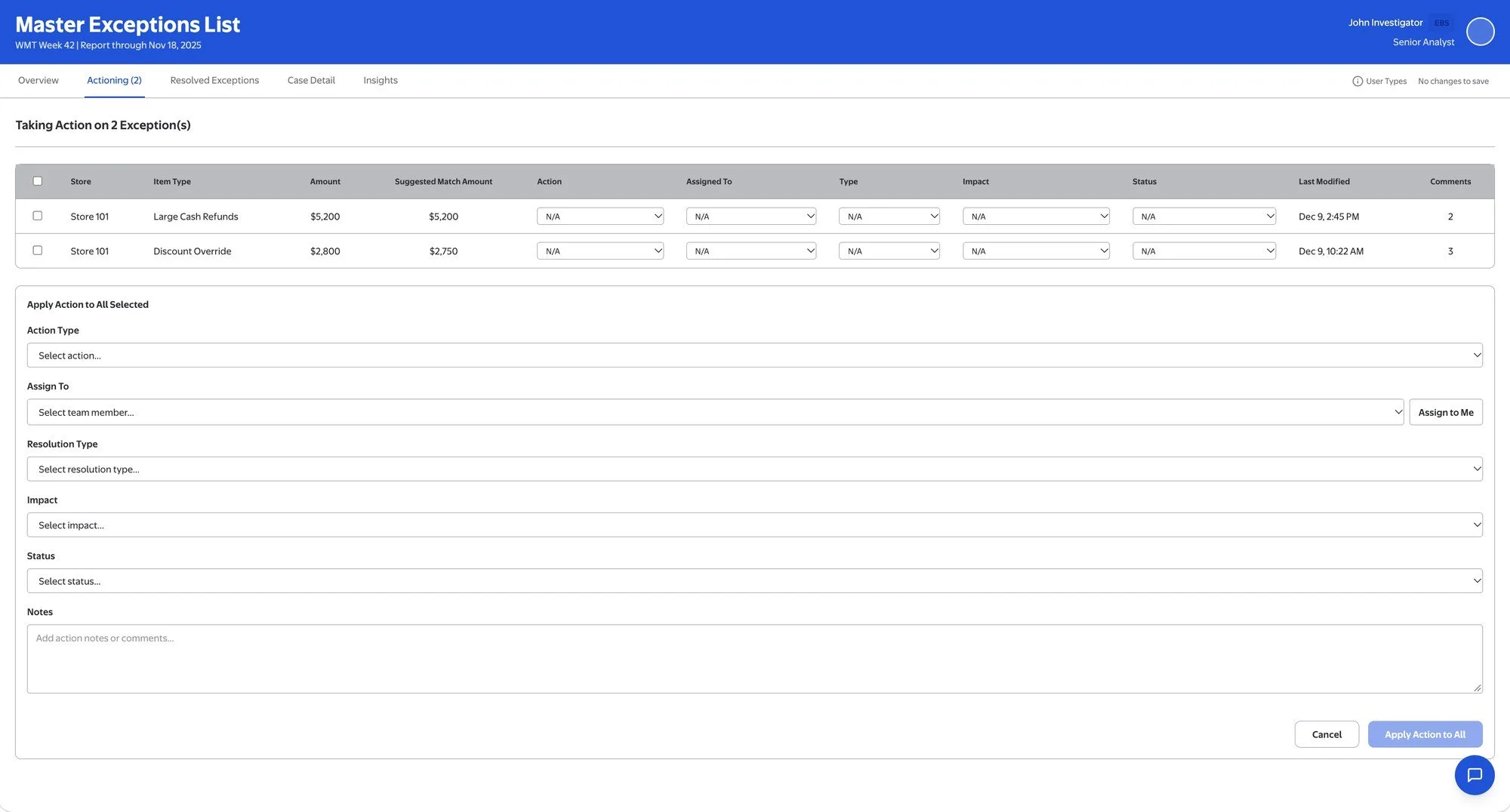 Actioning view for two selected exceptions, with action type, assignee, resolution type, impact, status, and notes