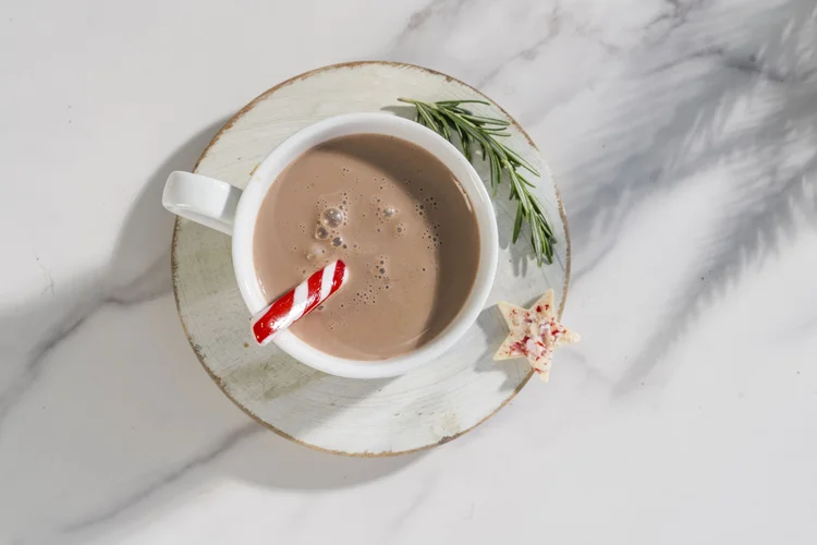 Hot chocolate in a porcelain cup and saucer