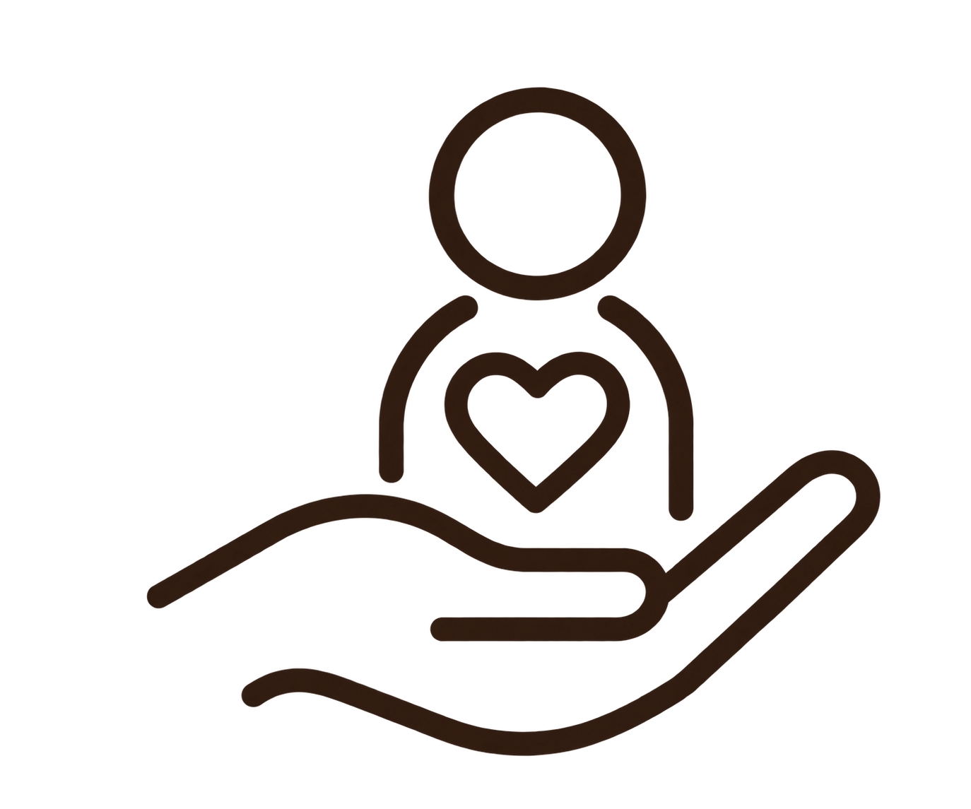 Outline of a hand holding a person with a heart on their chest.