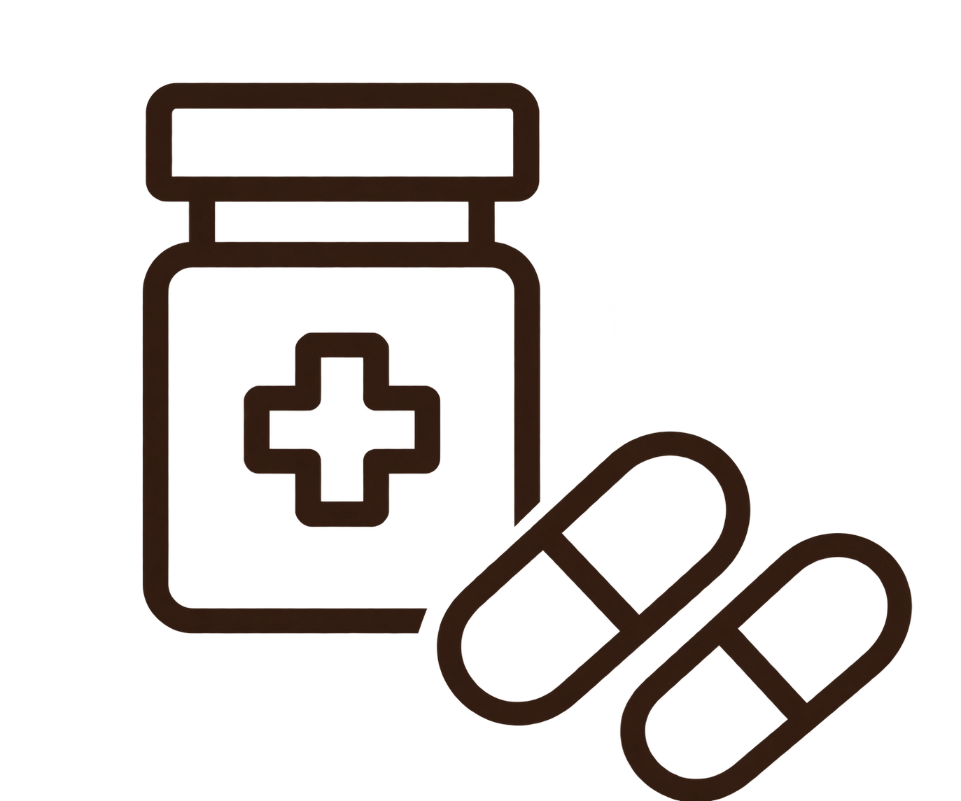 Illustration of a medicine bottle with a cross symbol and two capsules.
