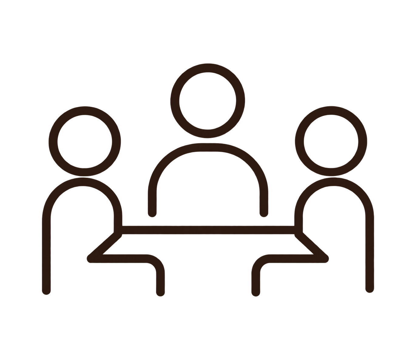 Icon of three people sitting at a table, representing a meeting or group discussion.
