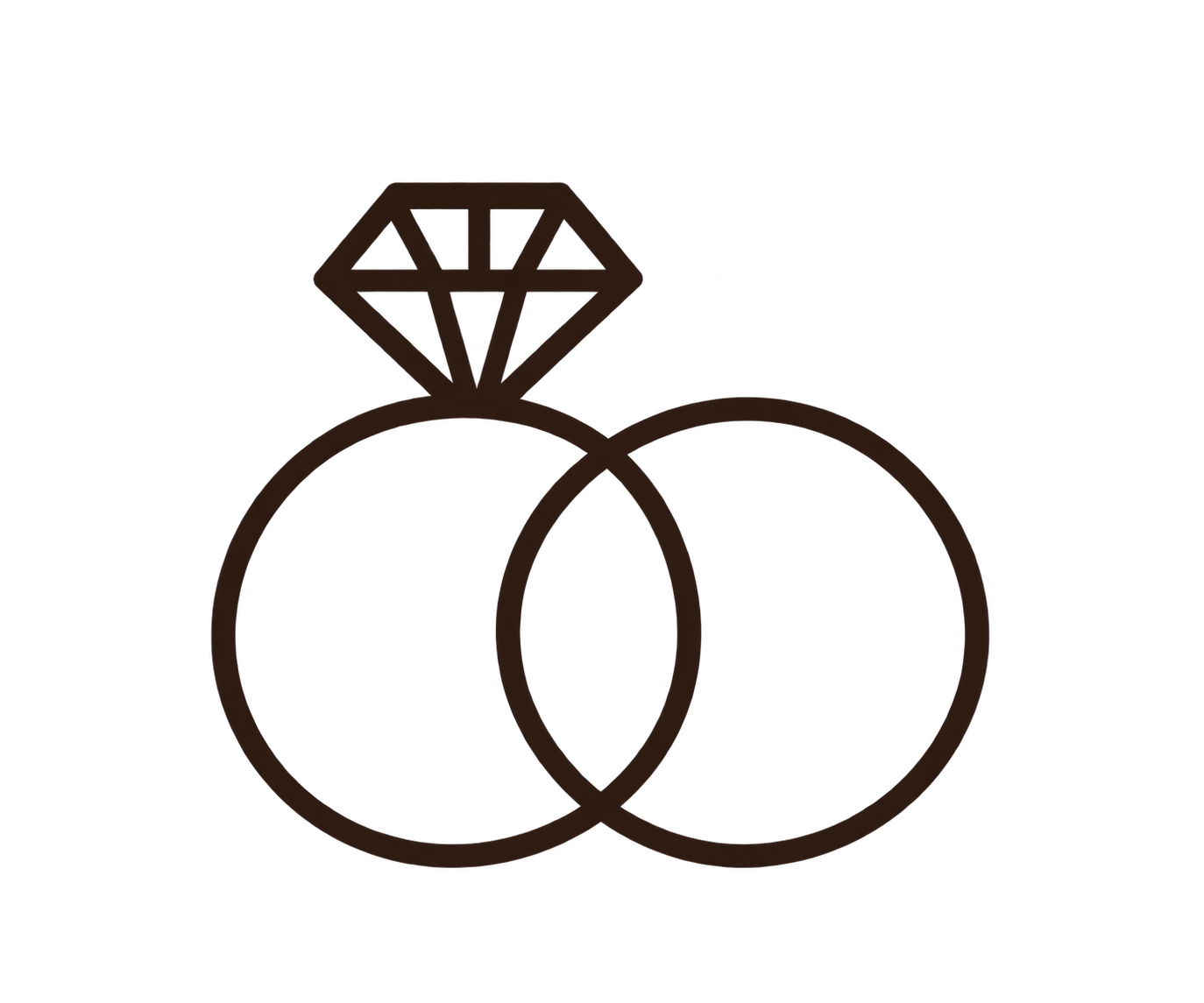 Black outline drawing of two wedding rings with a diamond atop one of them.