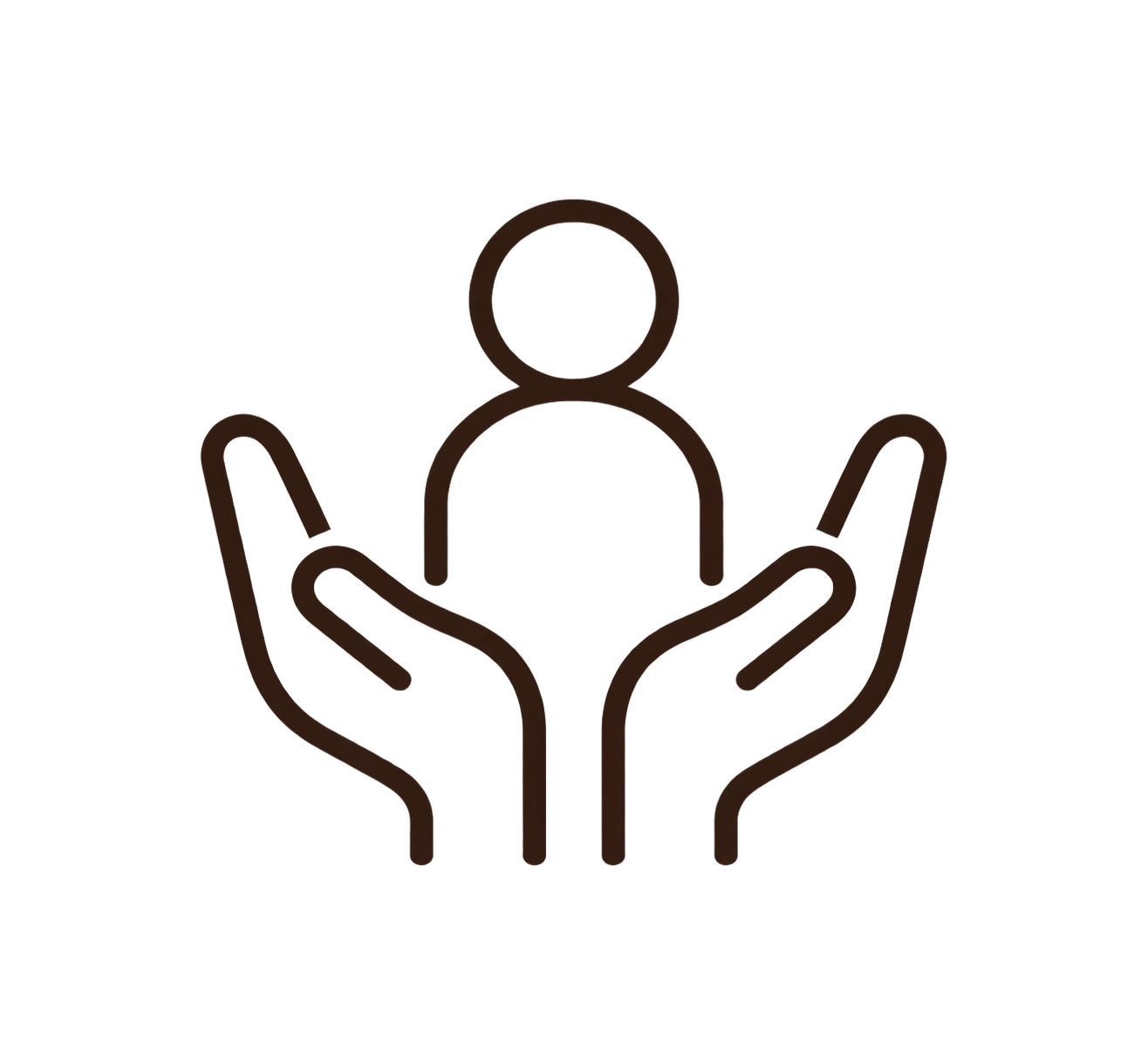 Line drawing of a person surrounded by two hands.