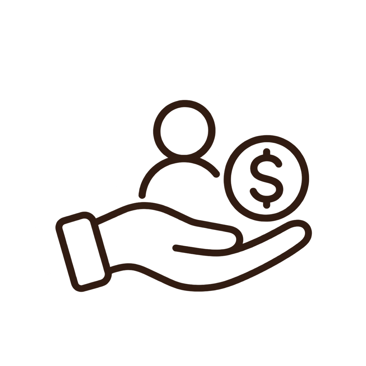 Outline of a hand holding a person icon with a dollar sign in a circle