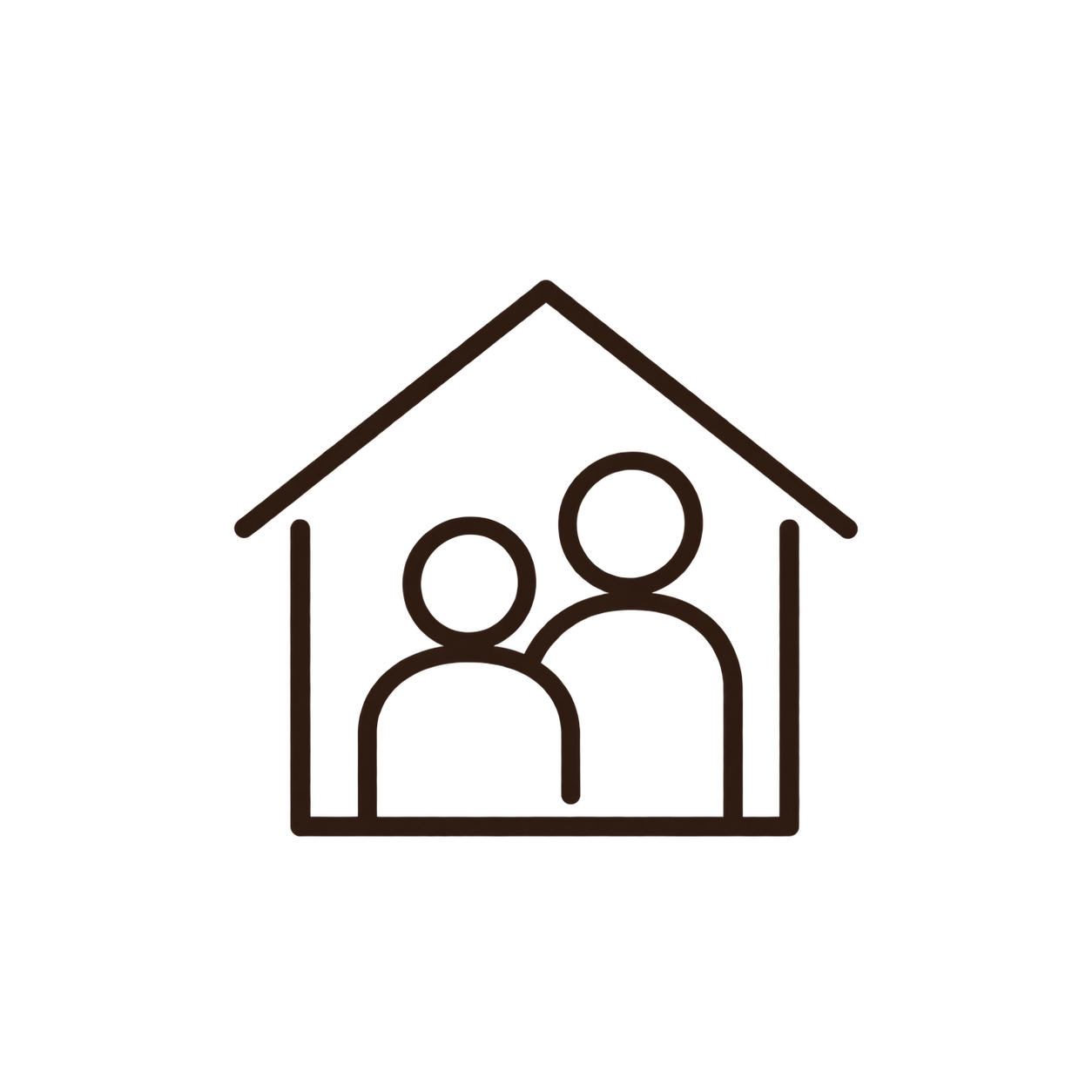 Line drawing of a house with two people inside, representing a family or home.