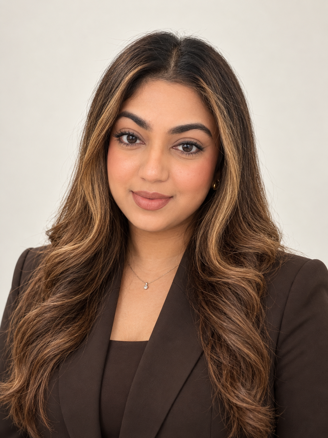 Professional woman with long wavy hair wearing a dark blazer and a necklace, smiling against a plain background.