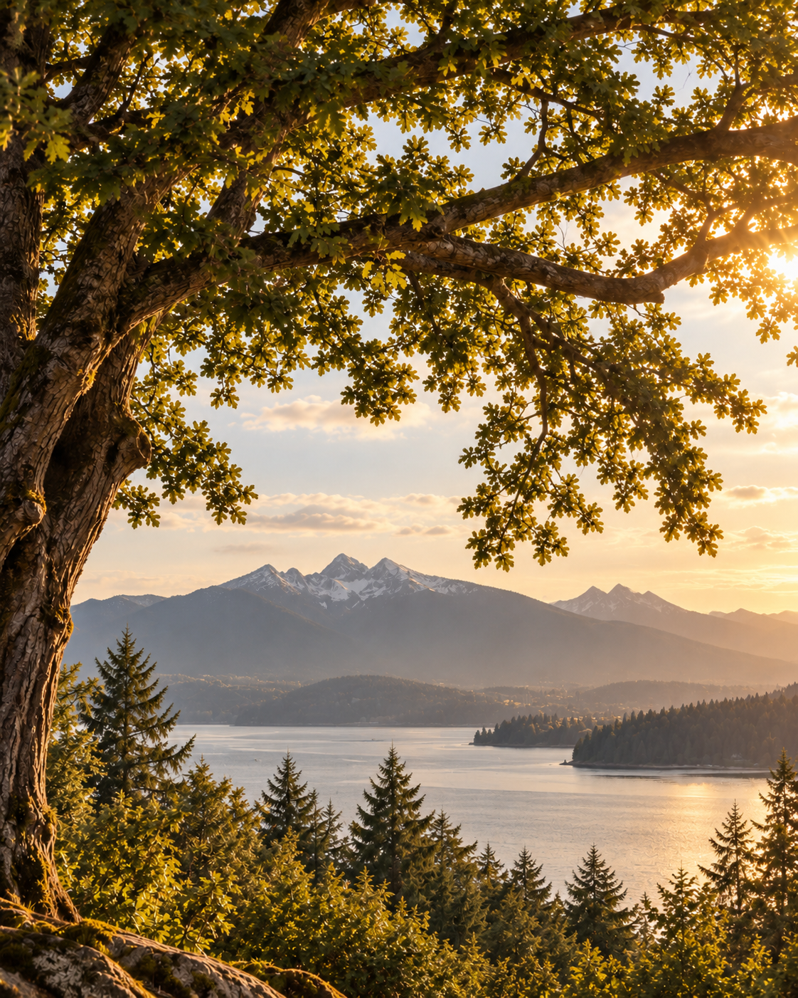 Sunlight filters through a large tree's leaves over a lake with pine trees in the foreground and mountains with snow caps in the background.