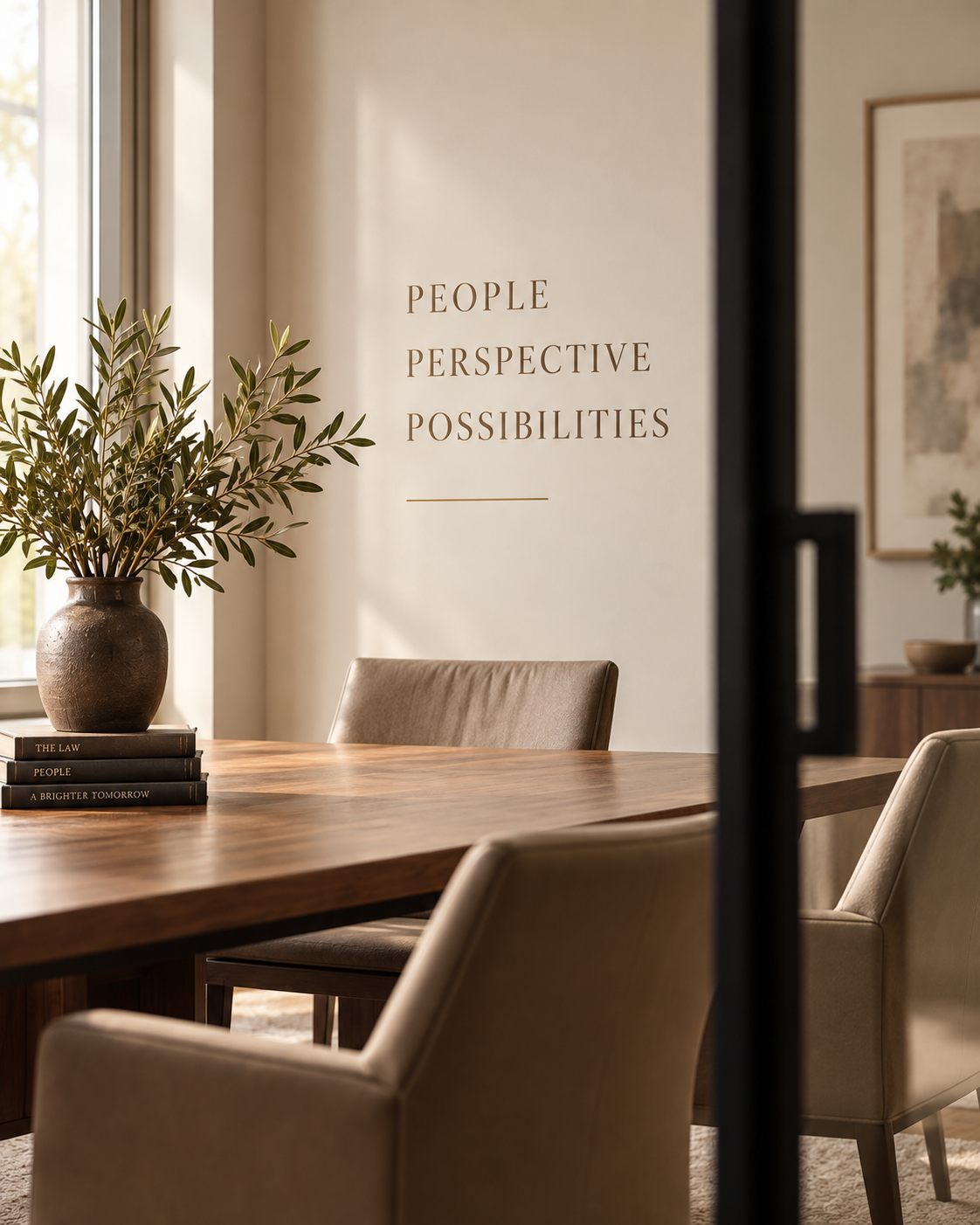 A wooden conference table with beige chairs, a large vase with greenery, and books on it. On the wall, there is inspirational text that reads: "People, Perspective, Possibilities."