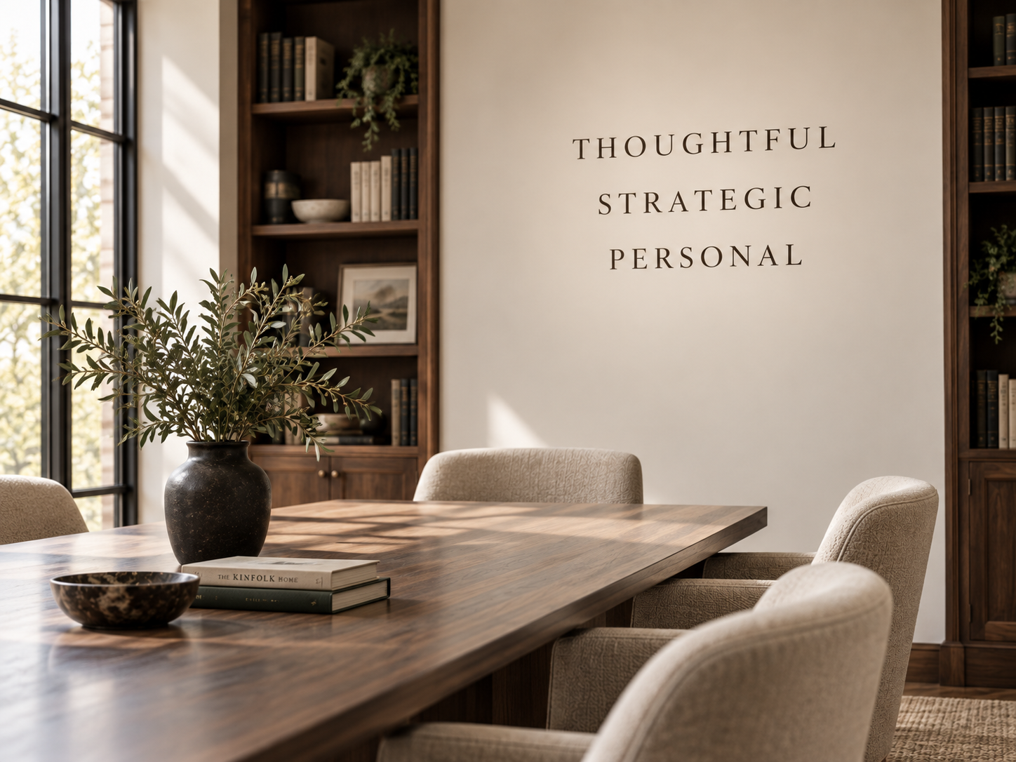 A conference room with a wooden table, beige chairs, a black vase with greenery, books, and wall art, with words 'Thoughtful, Strategic, Personal' on the wall.