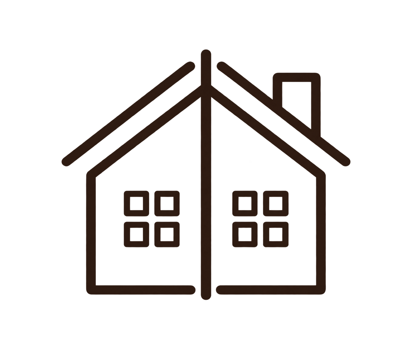 Outline of a house with a chimney, windows, and a front door, depicted in a simple line drawing.