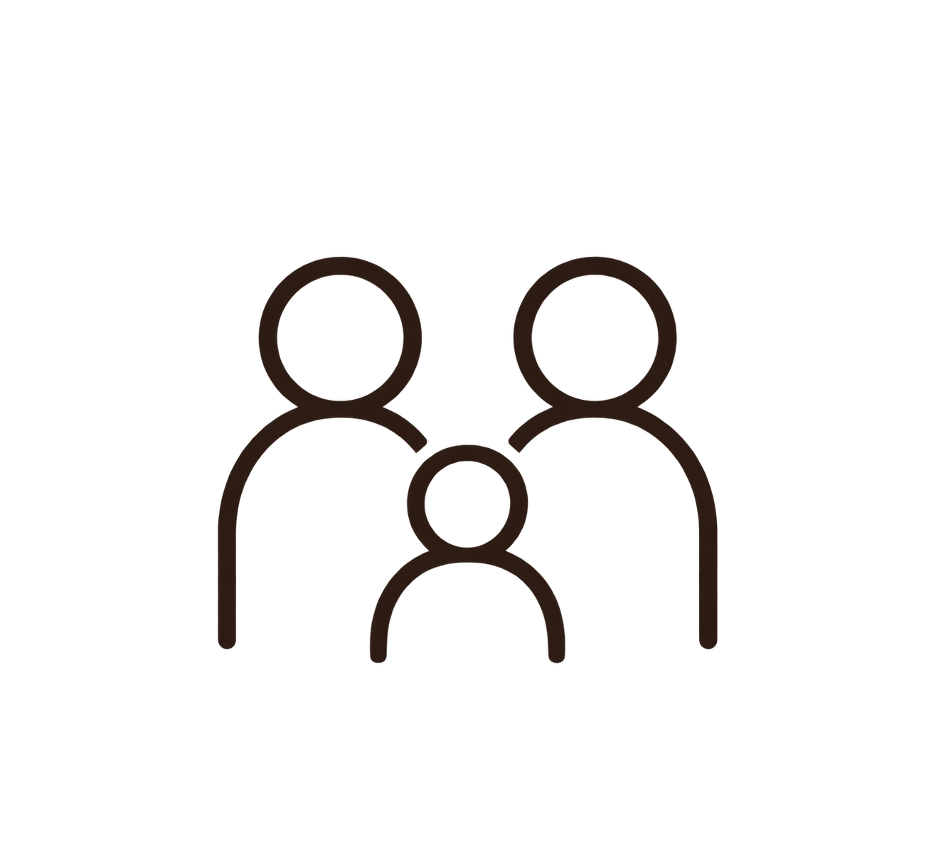 Outline icon of three people, two with larger heads and shoulders, one smaller in front, on a black background.