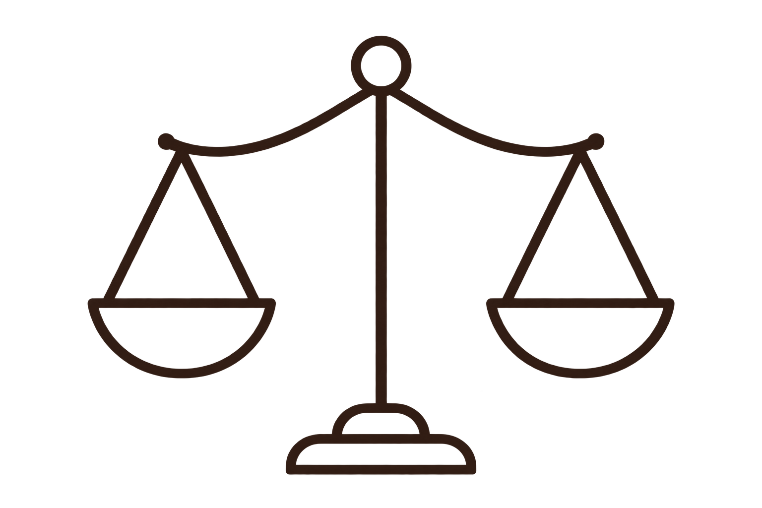 A drawing of a balance scale with a central pillar and two pans hanging on each side.