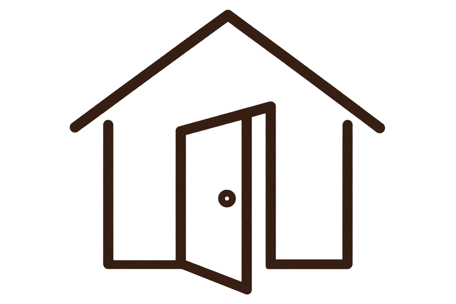 Outline drawing of a house with an open door and a window to the right of the door.