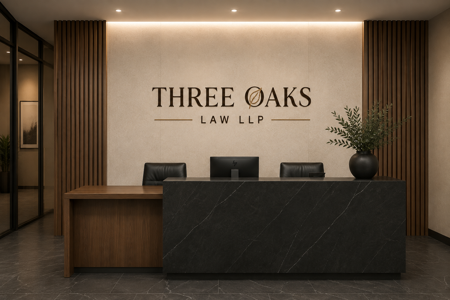 Reception desk at Three Oaks Law LLP office with black marble counter, black leather chairs, a computer, and a large vase with greenery, wood panel accents, and a beige wall.