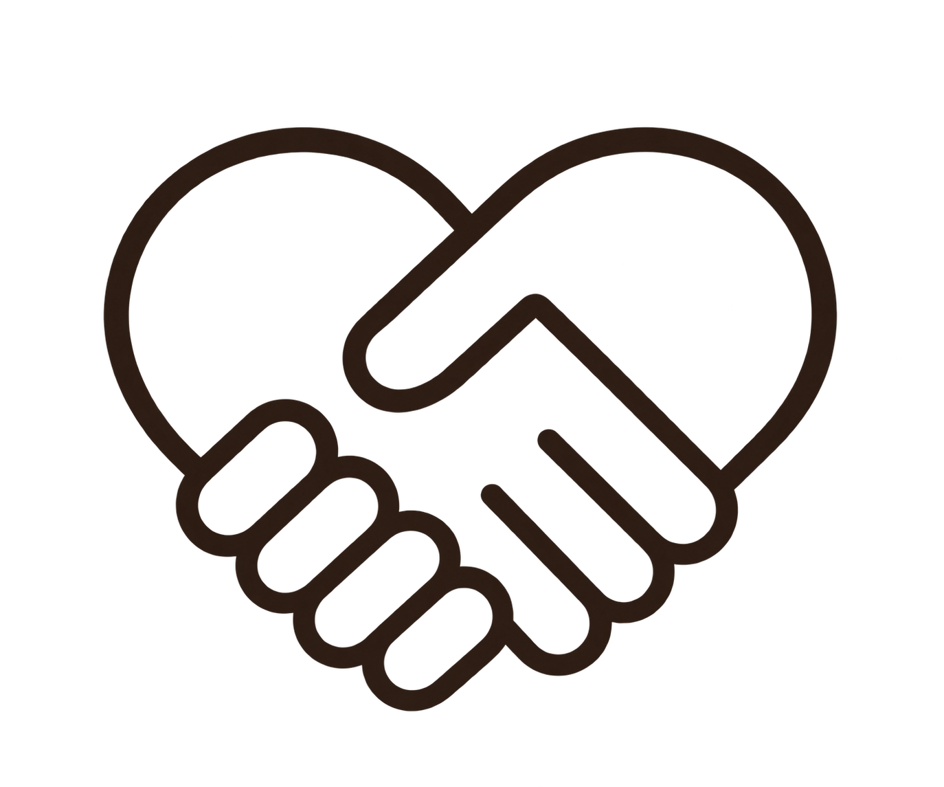 Icon of two hands shaking inside a heart outline, symbolizing care and partnership.