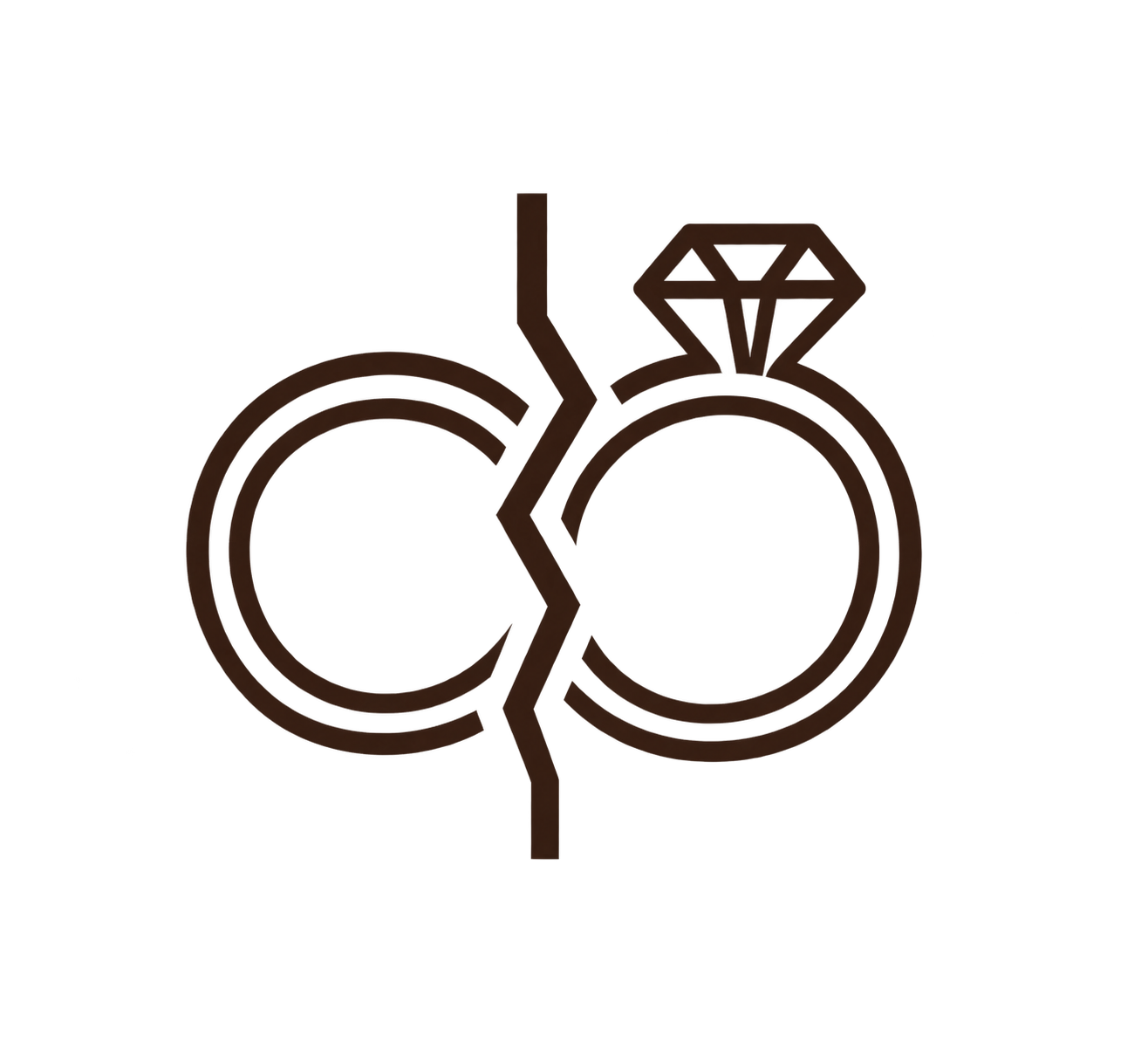 A thin, black, continuous line drawing of two interlinked rings with a diamond on top of one, separated by a jagged line, symbolizing a broken engagement or relationship.